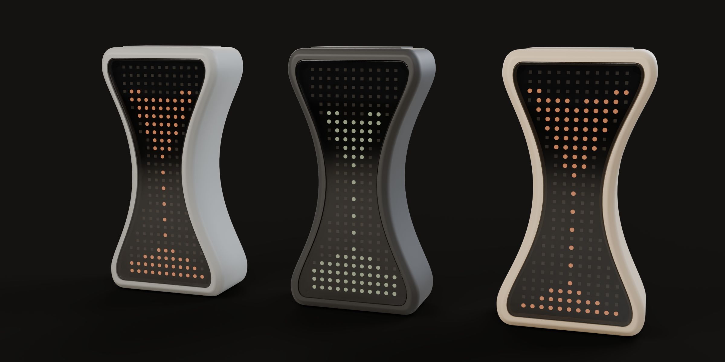 Grained in three colours side by side: Stone and Sand with amber dots, Graphite in the middle with green dots