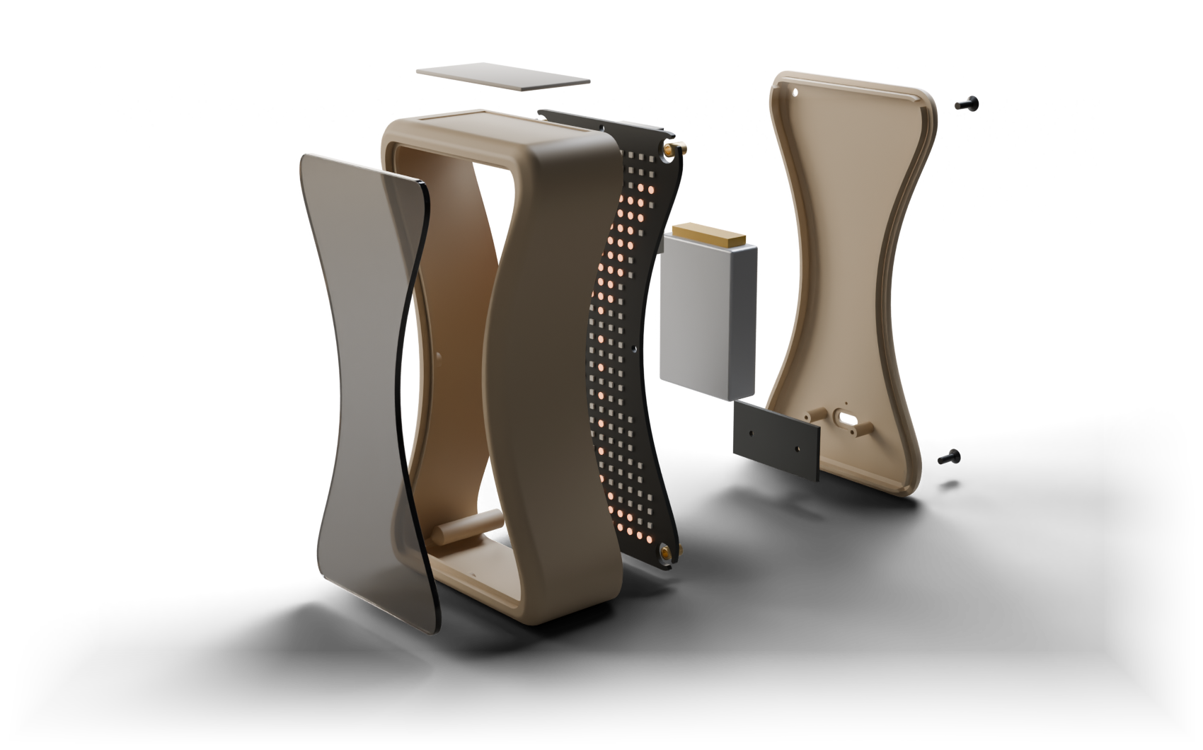 Grained taken apart: from front to back the tinted glass, the housing, the LED circuit board, the battery, the USB-C board and the cover with four screws