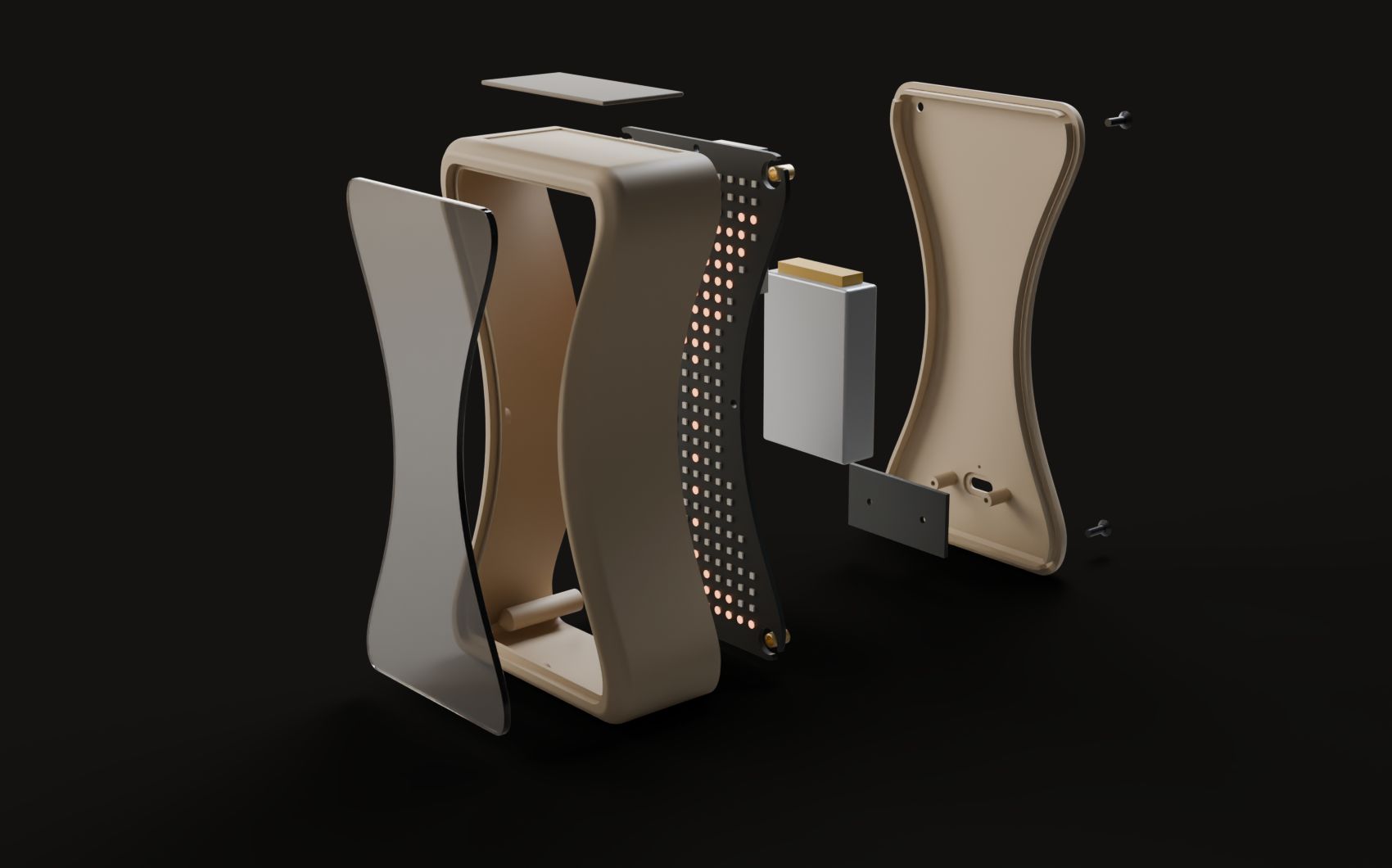 Grained taken apart: from front to back the tinted glass, the housing, the LED circuit board, the battery, the USB-C board and the cover with four screws
