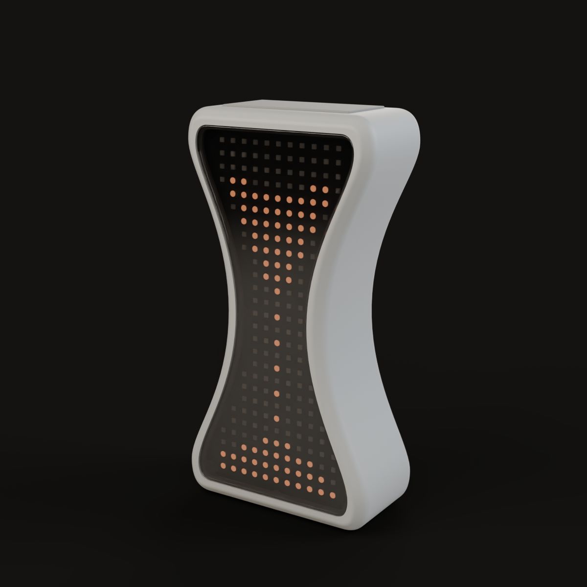 Grained in Stone from the front at an angle: an hourglass with a narrow waist and amber dots behind tinted glass
