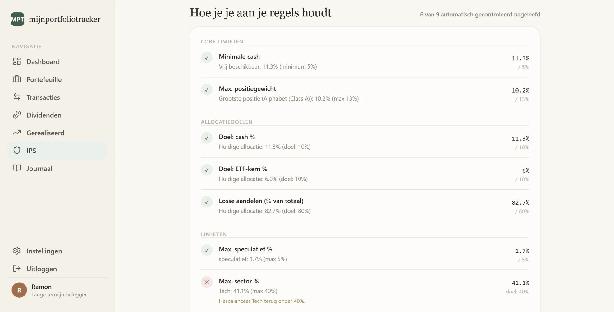 MijnPortfolioTracker: the plan’s rules checked against the portfolio, with one sector limit exceeded